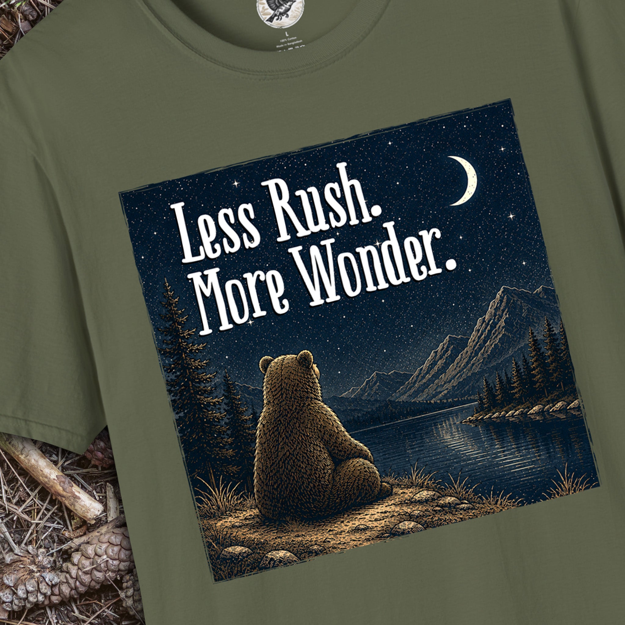 Less Rush More Wonder Bear T-Shirt | Vintage Night Sky Nature Graphic Tee | Camping, Hiking & Outdoor Adventure Shirt