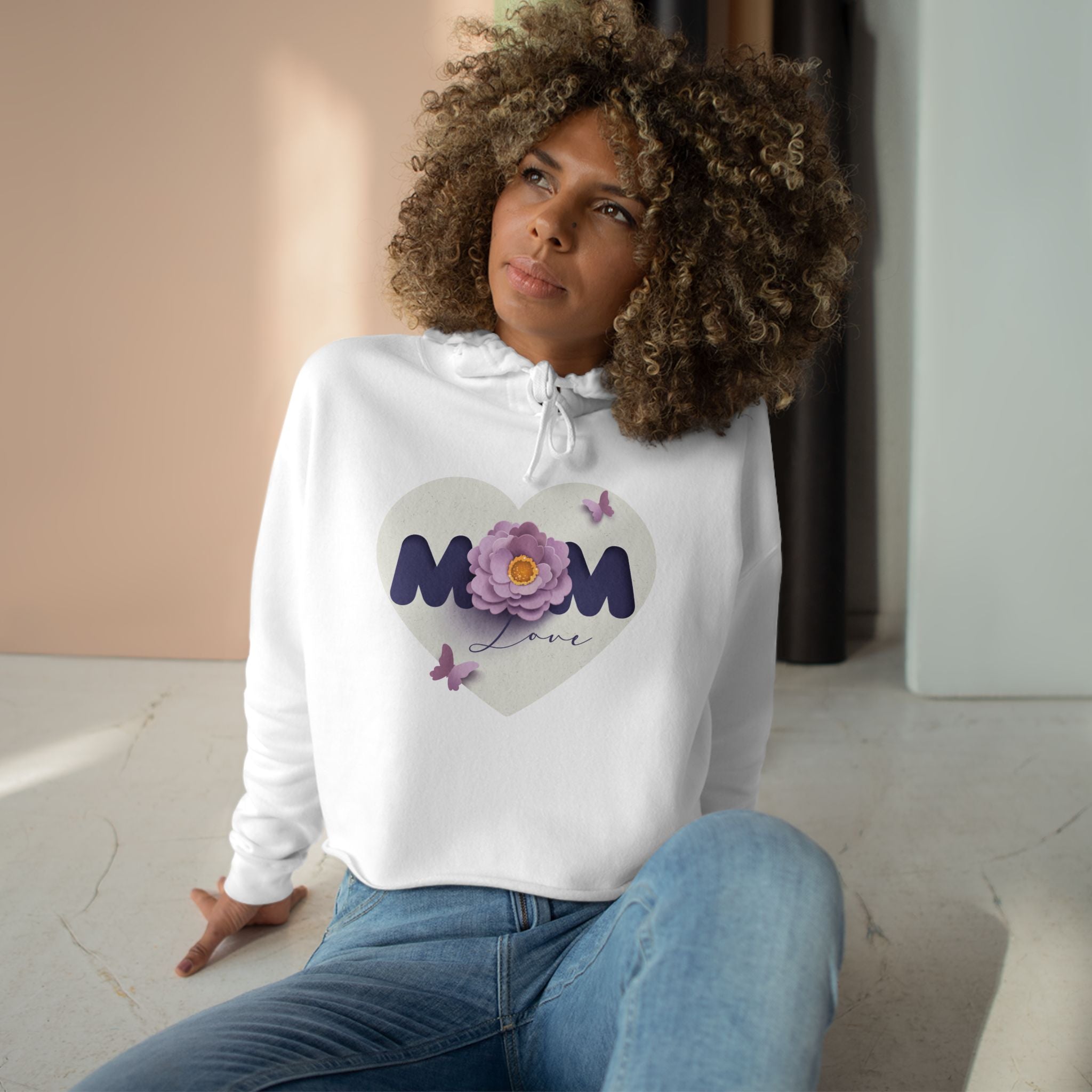 Mom Heart Floral Crop Hoodie — Cute Flower & Butterflies Graphic Love