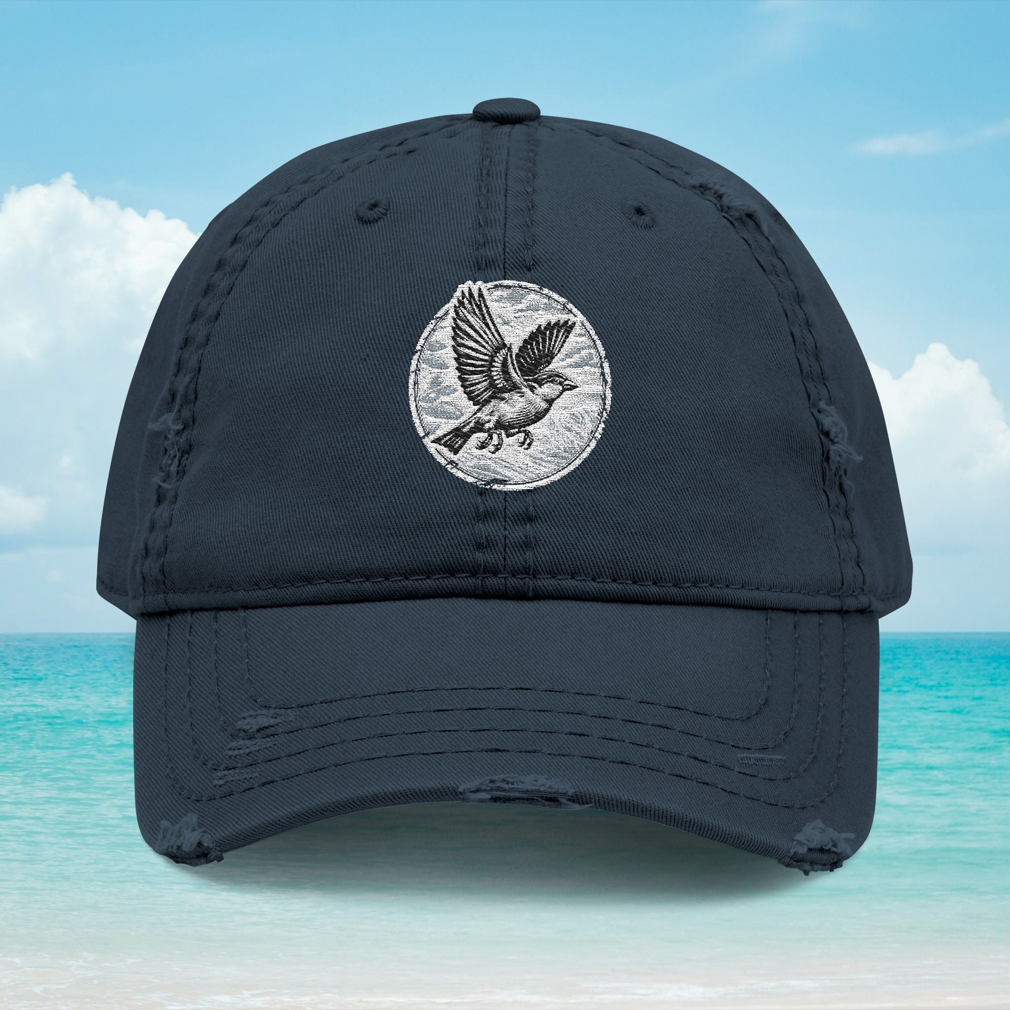 Embroidered Black Sparrow Dad Hat — Vintage Distressed
