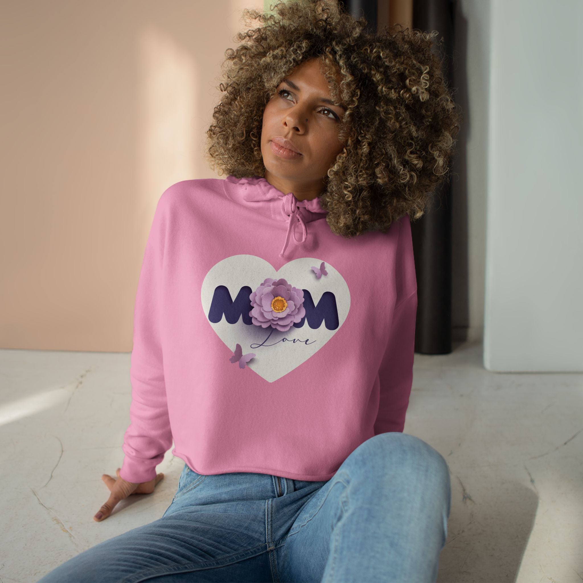 Mom Heart Floral Crop Hoodie — Cute Flower & Butterflies Graphic Love