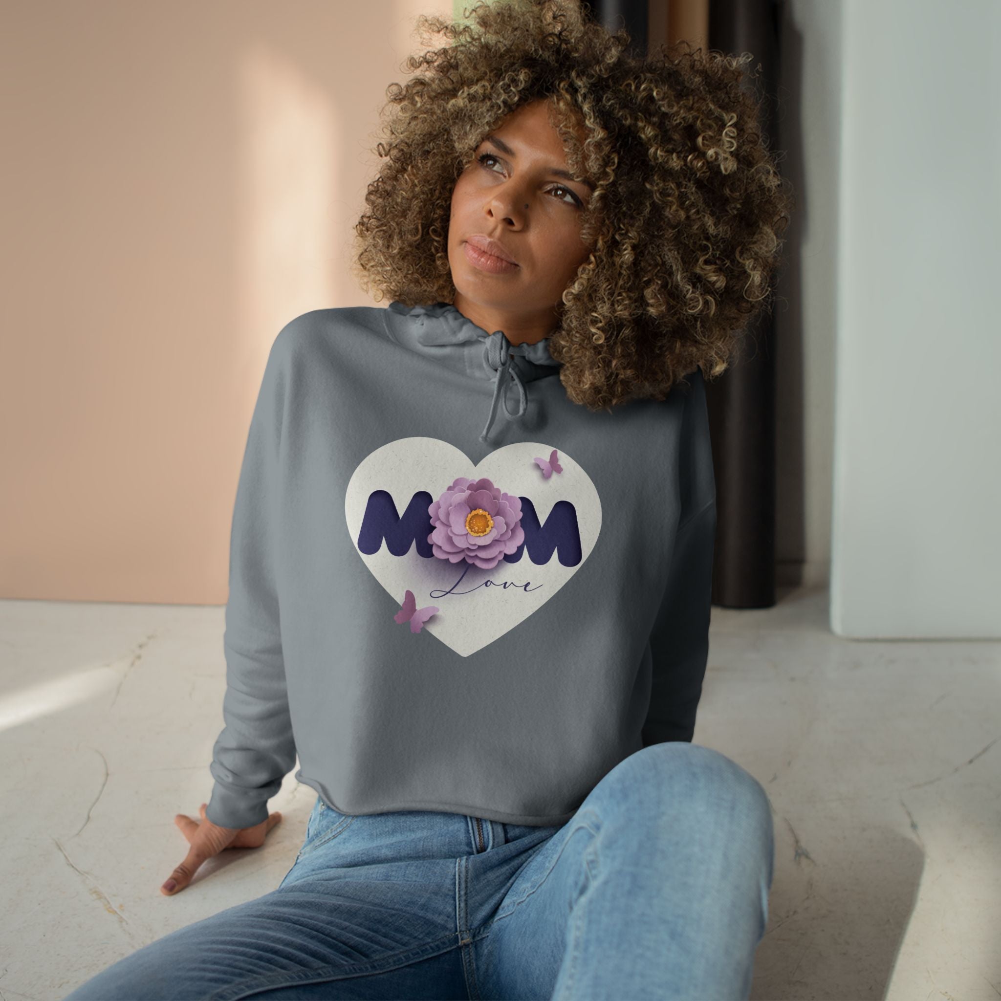 Mom Heart Floral Crop Hoodie — Cute Flower & Butterflies Graphic Love