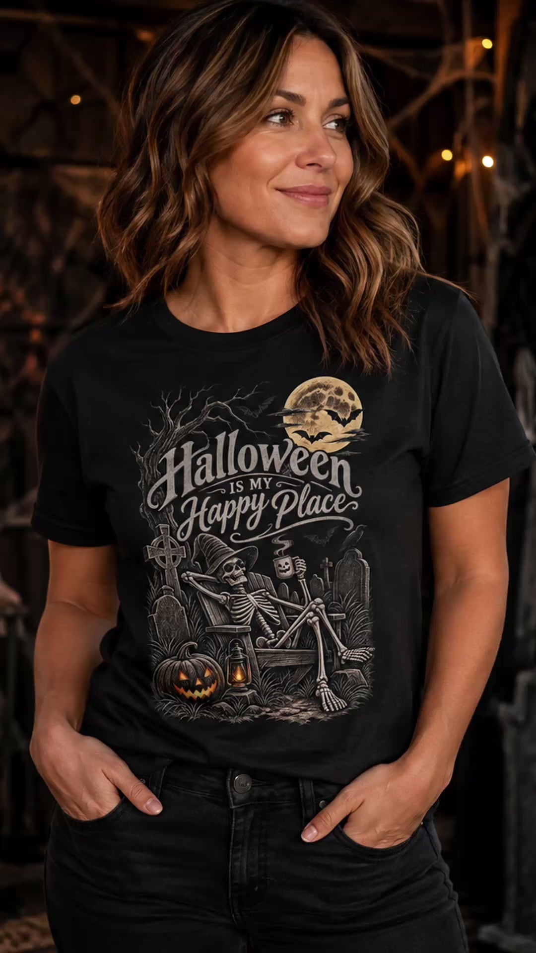 Halloween Is My Happy Place T-Shirt – Vintage Skeleton Graveyard Spooky Season Tee